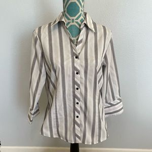 Foxcroft Wrinkle Free Fitted Striped Button Blouse  size 10 White Gray & Black